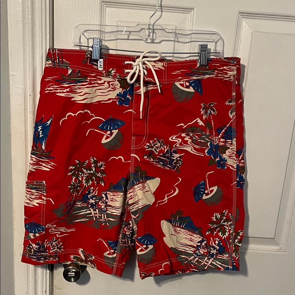 American Eagle Outfitters Red Hawaiian Print Swim Shorts with Blue Accents